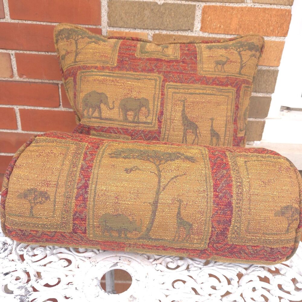 Safari Tapestry Pillow Set Elephant Giraffe 19" Throw & 16" Bolster